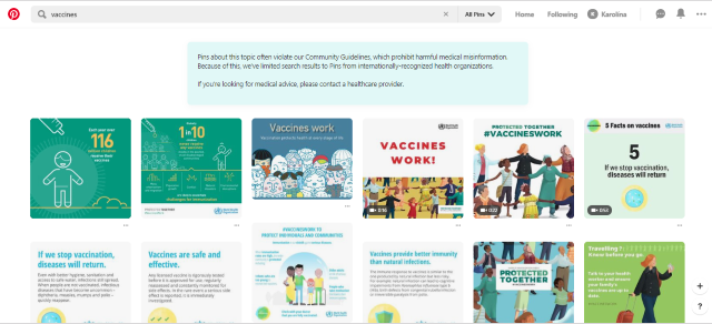 Po zadání dotazu “vaccines” Pinterest zobrazí obrázky a grafiky z oficiálních zdrojů jako je WHO.